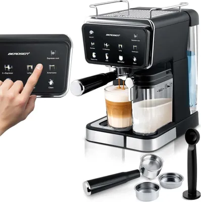A black espresso machine with a touchscreen interface and a hand interacting with it, along with accessories like a portafilter and tamper.