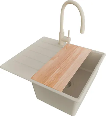 Produktbild von PRIMAGRAN Granitspüle Beige 55x50cm, Spülbecken 1 Becken + Küchenarmatur 38x14cm + Ablauf-Set + Schneidebrett, Küchenspüle ab 40er Unterschrank - Kopenhagen