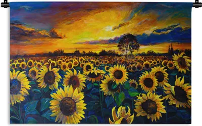 Produktbild von MuchoWow® Wandteppich Wandbehang Malerei - Blumen - Ölfarbe - Sonnenblume 150x100 cm Tapisserie Dekoration Wandtuch - Waschbar - Tapisserien - Wand-Decke