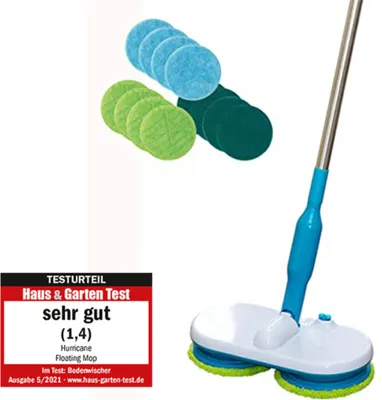 A cleaning mop with rotating pads and a set of replacement pads, alongside a product review badge.