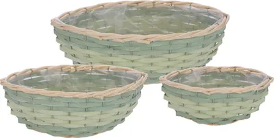 Produktbild von Holz Pflanzkorb Schiffchen 3er Set - 40 / 31 / 23 cm - Pflanzkasten in grün aus Holzgeflecht