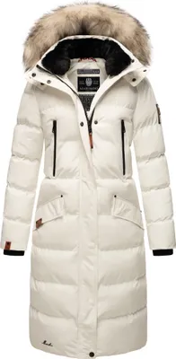 Produktbild von Marikoo Damen Winterjacke Langer veganer Parka Warm Stepp Mantel mit abnehmbarer Kapuze und Kunstfellkragen Schneesternchen Off White Gr. 36 - S