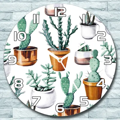 Produktbild von Wanduhr aus Glas Rund fi 30 Kakteentöpfe Quarz Deko Wohnzimmer Büro