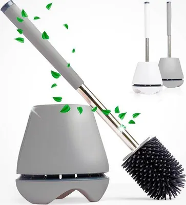 Immagine prodotto di Scopino in silicone con manico in acciaio inossidabile e supporto ad asciugatura rapida - Scopino - Portascopino antibatterico (grigio)