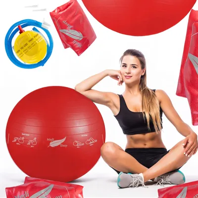Produktbild von Červený cvičební míč 65 cm s míčovou pumpou, fitness míč s vykreslenými cviky