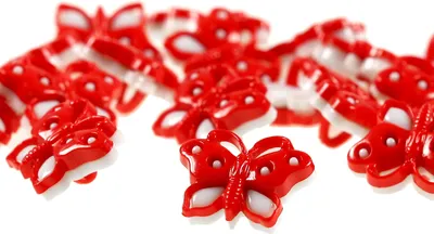 12 niedliche Kinderknöpfe 3D-Schmetterling, aus Kunststoff, rot/weiß