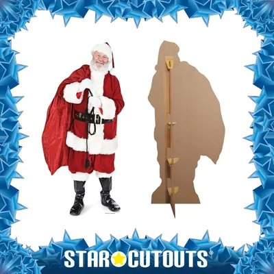 A cardboard cutout of Santa Claus standing next to its stand, with a festive border.