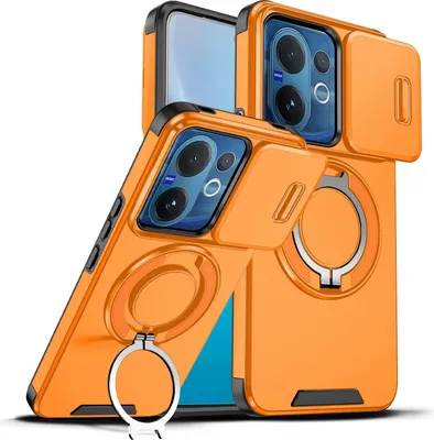 Image de Etui double couche pour Vivo V60, avec cache-appareil photo coulissant et anneau magnétique Orange