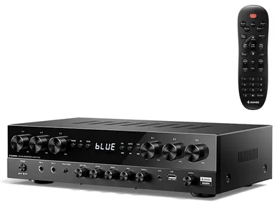 Produktbild von Donner Stereo Verstärker, 6-Kanal Verstärker mit 1000 W Maximalleistung und Bluetooth 5.3, USB, FM, 2 Mikrofoneingängen, Cinch, Glasfaser/Koaxial Eingang für Heim, Karaoke und Kinolautsprecher, MAMP6