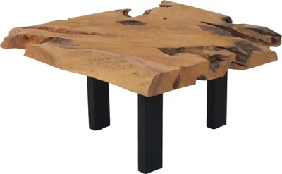 A rustic, live-edge coffee table with a natural wood top and black metal legs, isolated on a white background.