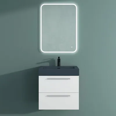 Produktbild von Mai & Mai Badmöbelset Komplett Set Waschbeckenunterschrank 60cm Unterschrank in matt weiß mit Waschschbecken und LED-Badspiegel Quadratto