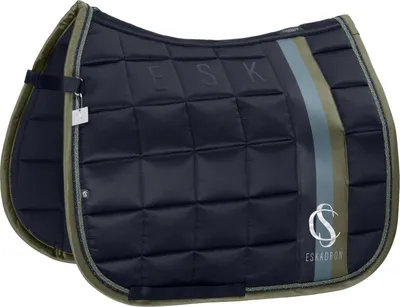 A navy blue horse saddle pad with green and gray stripes and branding.