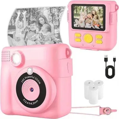 Obrázek produktu pro Dětský fotoaparát, digitální fotoaparát s rozlišením 1080p a funkcí přímého tisku, 3 role termálního papíru, pro dívky od 3 let