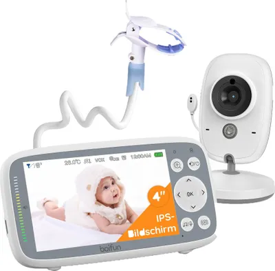 Produktbild von Babyphone mit 3X Zoom, 4" Babykamera, unsichtbare Infrarot-Nachtsicht, 4 Kameraanschlüsse, VOX, Lautstärkeregler, IPS-Bildschirm, Schlaflied, Ständer