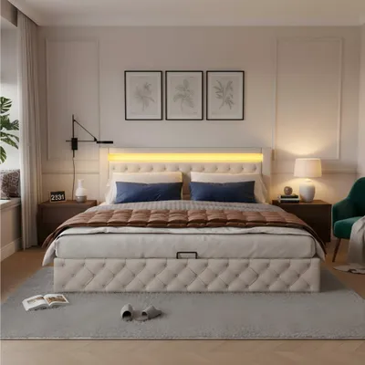 Zdjęcie produktu dla Łóżko tapicerowane, 140 x 190 cm, z hydraulicznym pojemnikiem na pościel, oświetleniem LED, stelażem łóżka, idealne do sypialni i pokoju gościnnym, obicie z pianki PU, kolor biały