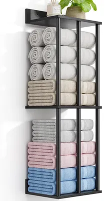 Image de Porte-serviettes mural avec étagère en bois et 3 barres