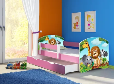 Produktbild von ACMA Jugendbett Kinderbett Junior-Bett Komplett-Set mit Matratze Lattenrost und Rausfallschutz Rosa 02 Animals 180x80 + Bettkasten