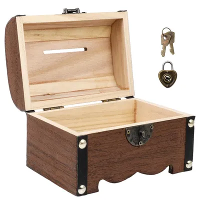 Image de Coffre à trésor en bois avec serrure, coffre à trésor vintage, boîte de rangement de 14,5 cm, tirelire pour la maison