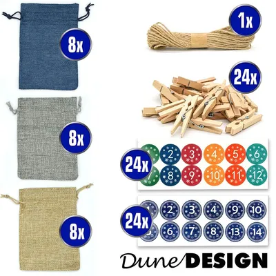Productafbeelding van Adventskalender met 24 linnen zakjes, afmetingen 13 x 9 cm, in de kleuren grijs, blauw en beige