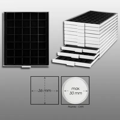 Produktbild von Prophila Collection Münzbox grau 35 eckige Fächer für Münzen bis 36mm, Schwarze Einlage z. B. 10 DM, 10 Euro, 5 Rubel