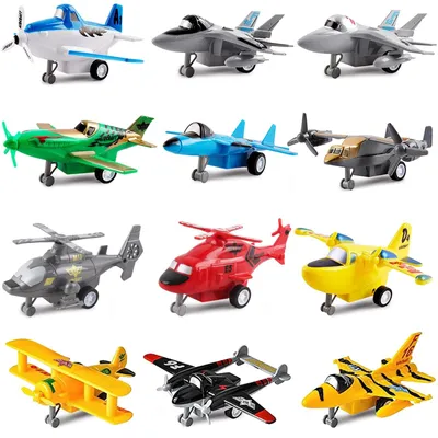 Image de Avions jouets - Set de 12 véhicules - Hélicoptères et avions de chasse - Mécanisme à friction - Dès 3 ans - 12 pièces