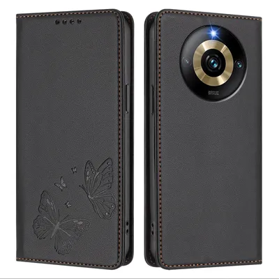 Produktbild von Lederhülle für Realme Narzo 60 Pro, Schmetterling Prägung Leder Brieftasche Schutzhülle mit Ständer Schwarz