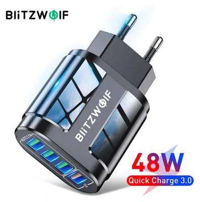 Produktbild von BlitzWolf BK-385 48W USB Ladegerät mit 4 Ports, QC 3.0 Schnellladegerät, EU-Stecker, kompakter Reise- & Wandadapter für Smartphone & Tablet, Schwarz
