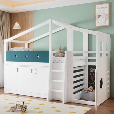 Produktbild von okwish Hochbett 90×200 mit Stauraumschrank und Spielbereich, Jugendbett mit Sicherheitsgeländer, Hausbett in Weiß, ohne Matratze