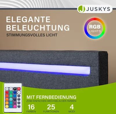 Produktbild von Juskys Polsterbett Verona 90 x 200 cm mit LED, Lattenrost & Webstoff Grau