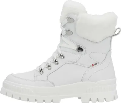 A white winter boot with fur trim.