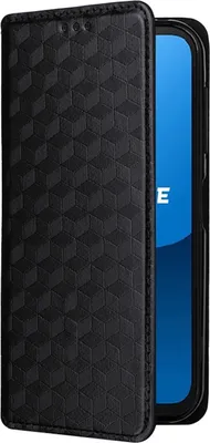 A black flip case for a smartphone, shown open to reveal the phone's screen.