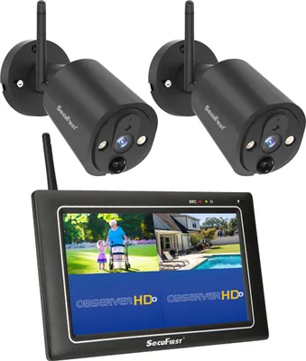 Two black security cameras and a monitor displaying split screens of a garden scene and a house with a pool.