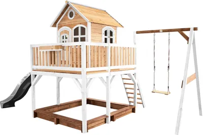Produktbild von AXI Spielhaus Liam mit Sandkasten, Schaukel & grauer Rutsche | Stelzenhaus XXL in Braun & Weiß aus Holz für Kinder | Spielturm mit Wellenrutsche für den Garten