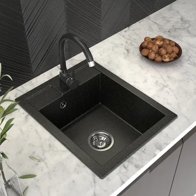 Produktbild von Küchenspüle 40x50 cm, Spüle aus Granit mit Siphon Chrom, Sieb und Imprägniermittel, Spülbecken mit 1 Becken, Einbauspüle, Schwarz mit Gold