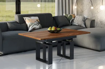 A living room scene with a modern sectional sofa and a wooden coffee table in the foreground.