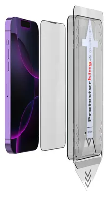 A smartphone and a screen protector kit are displayed against a white background.