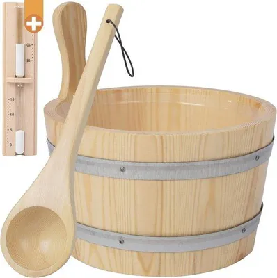 Image de Seau de sauna en bois de 5 litres avec louche et accessoires pour infusions