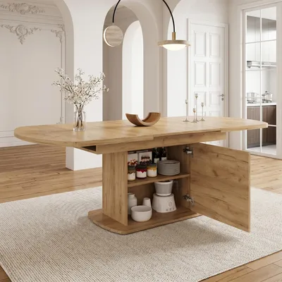 Image de Table à rallonges ovale 140-200 cm, table de cuisine en chêne avec espace de rangement, armoire et poignée, table en bois moderne et minimaliste, multifonctionnelle