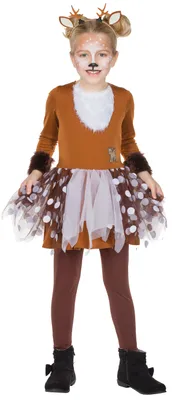 A young girl dressed in a deer costume, standing against a white background.