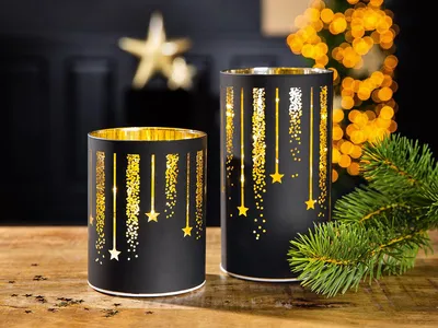 Produktbild von Gilde LED-Leuchter Sternenregen, Windlicht, Dekoration, mit Timer, Glas, Schwarz / Gold, H 13 cm, 50857