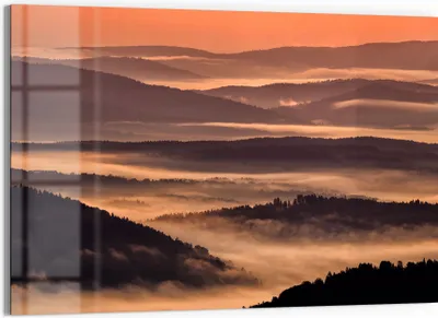 Produktbild von DEQORI Glasbild Echtglas 90x60 cm 'Nebelberge im Morgenrot' Wandbild Bild modern Deko