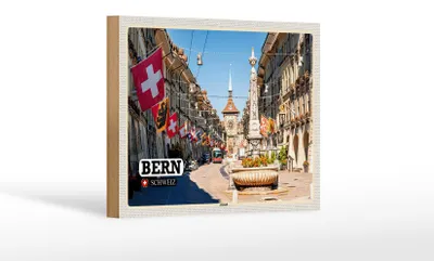 Produktbild von Holzschild Reise Bern Schweiz Altstadt Flaggen 18x12 cm Dekoration