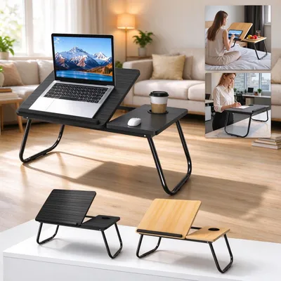 Zdjęcie produktu dla ACXIN Wielofunkcyjny, składany stolik pod laptop, 56,5 × 33 cm, 5 stopni regulacji kąta nachylenia, podzielana powierzchnia blatu, solidna metalowa rama, kolor czarny