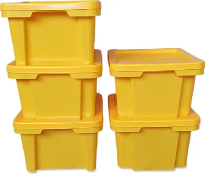 A set of yellow storage boxes stacked against a white background.