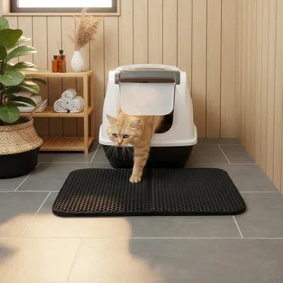 Immagine prodotto di Tappetino antiscivolo per lettiere per gatti belviona, in EVA con motivo a nido d'ape, impermeabile e facile da pulire, 61x38 cm, nero