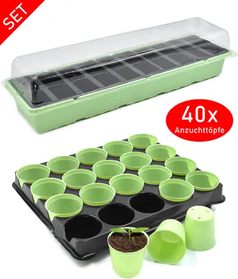 Produktbild von Anzuchttöpfe mit Pflanzschalen + Treibhaus Pflanzkasten für 40 Pflanzen Zimmergewächshaus  zum Anzüchten von Pflanzen Kräuter SET