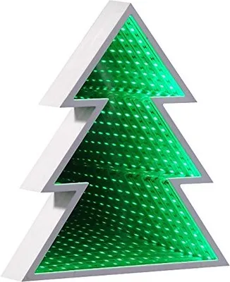 A white Christmas tree shaped light with green LEDs creating an infinity mirror effect.