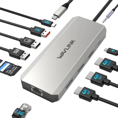 Zdjęcie produktu dla Stacja dokująca do laptopa - Hub USB-C 12 w 1 - 100 W PD - 2 x DisplayPort i HDMI - Czarna
