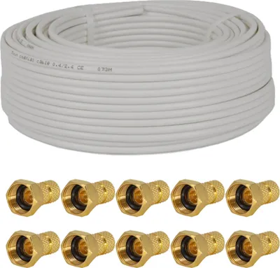 Produktbild von PremiumX 25 Meter Sat Koaxial Kabel 90dB Twin Mini, weiß + 10x F-Stecker