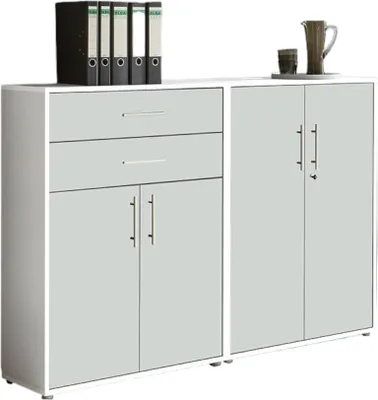 Produktbild von Aktenschrank TABOR 12 in weiß / weiß matt, Schrankwand, Büroschrank, abschließbar, Metallgriffe